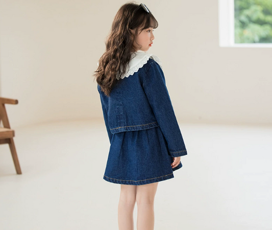 Girls' Spring & Autumn 2025 Korean Fashion Denim Jacket with Pleated Skirt & Bottoming Shirt