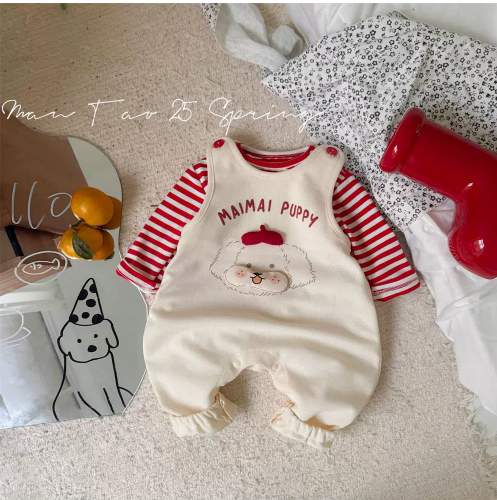 Baby Girl Stylish Jumpsuit Suit Set with Striped Top & Fun Kids Stickers – Spring & Autumn Outfit 🌸